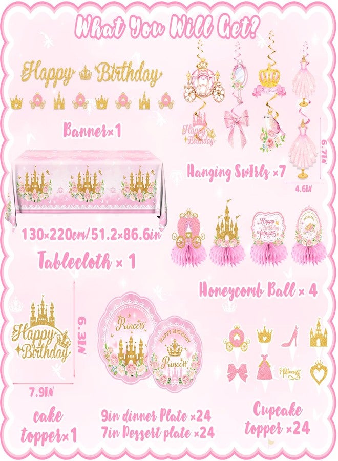 Peghoqu 196Pcs Princess Birthday Party Decorations Serves 24,Pink Princess Birthday Themed Tableware Includes Scalloped Plates,Napkins,Tablecloth,Banner,Balloon,Cake Topper for Girls Princess Party Supplies - Image 4